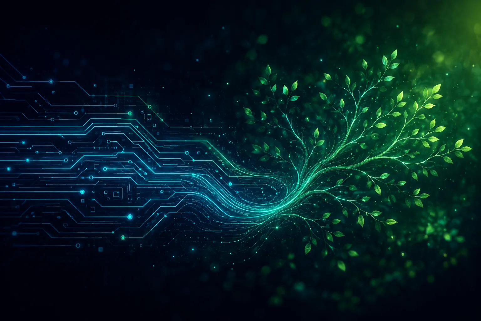 AI-generated wide hero banner: glowing circuit pathways flowing into organic tree branches on a dark navy background