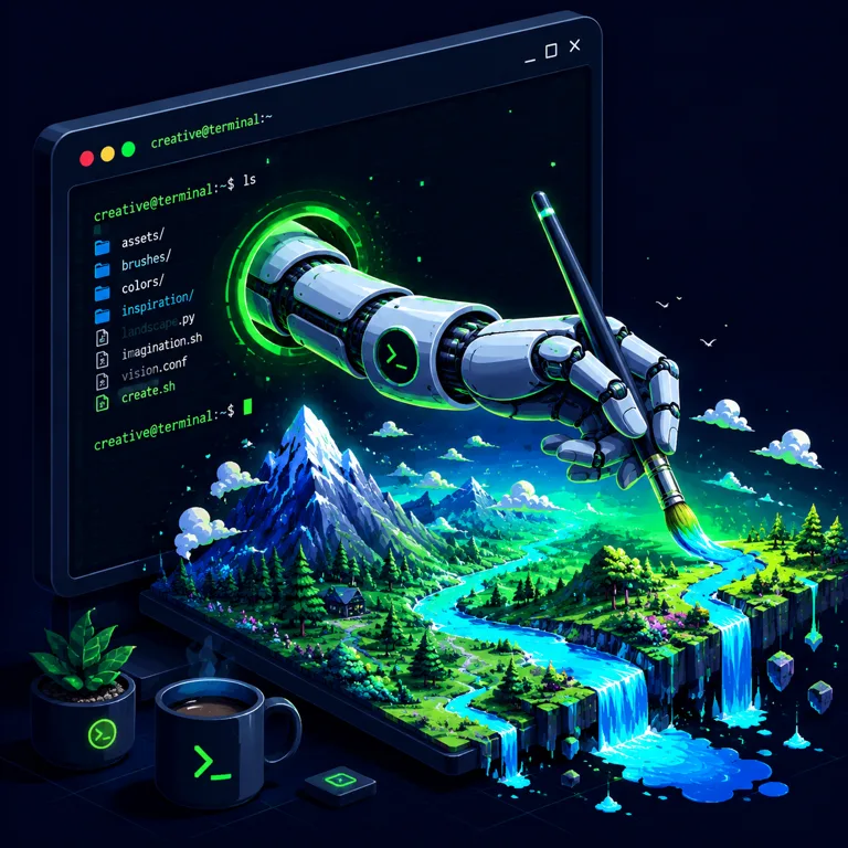 AI-generated isometric illustration: a robotic hand reaches out of a terminal window, painting a miniature landscape