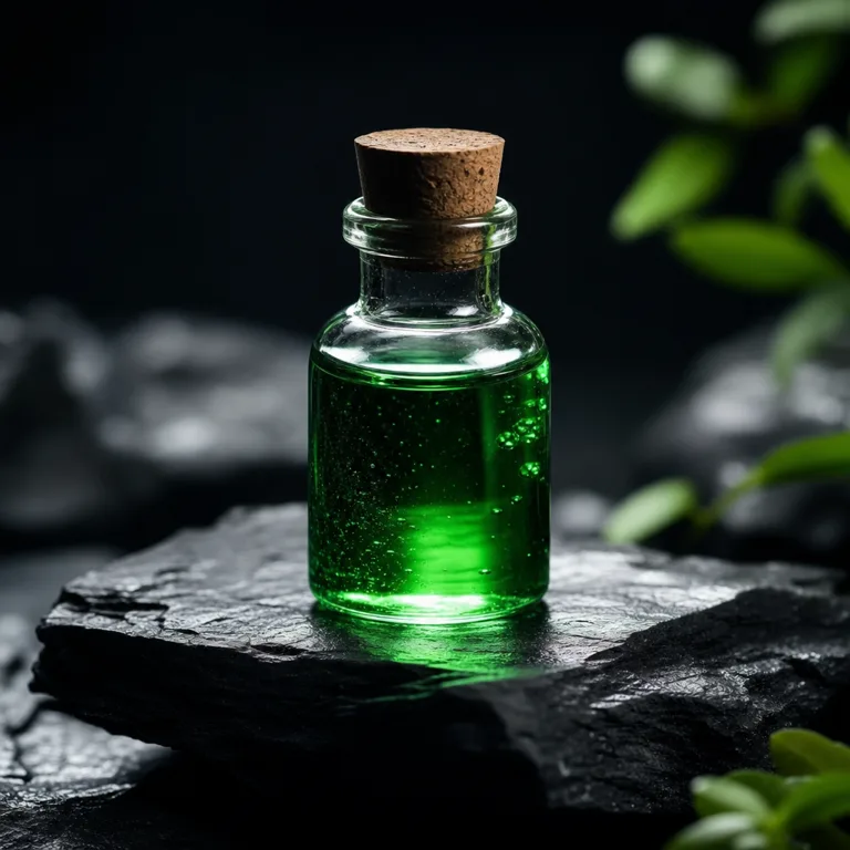 AI-generated studio product photograph: a glass vial of luminous emerald liquid on dark slate stone