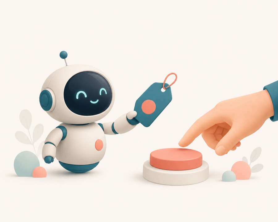A robot presenting a price tag to a hand over a big button