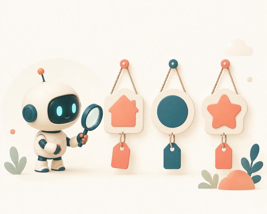A robot inspecting hanging signs with price tags through a magnifying glass