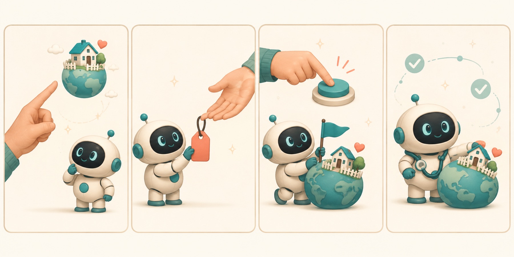 Four-panel comic: you point at a dream domain, the robot shows the price, you press the button, and the robot guards the globe