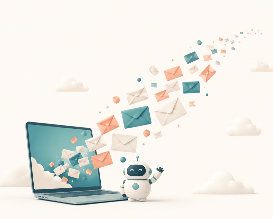 Envelopes flying out of a laptop while a small robot waves
