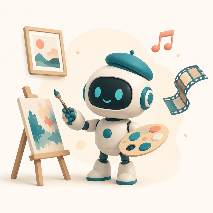 The Agent Media robot painting at an easel in a beret