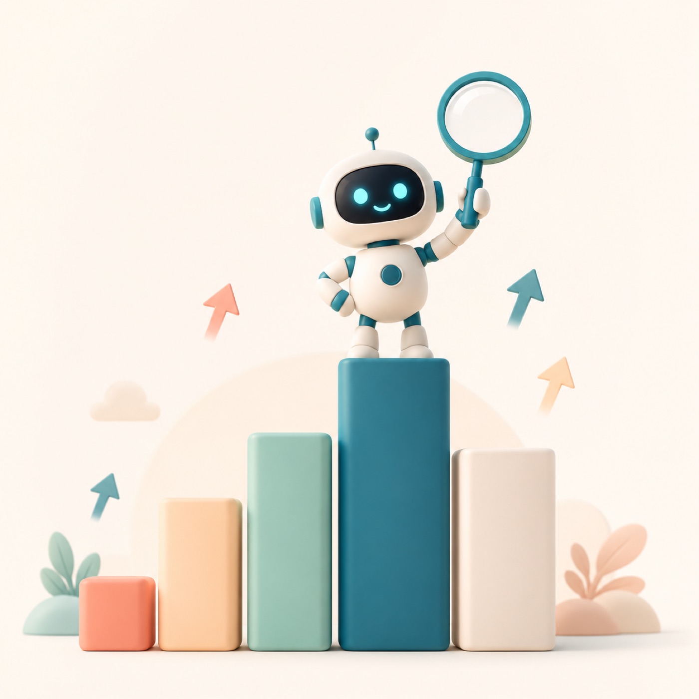 The Agent SEO robot on a bar-chart podium with a magnifying glass