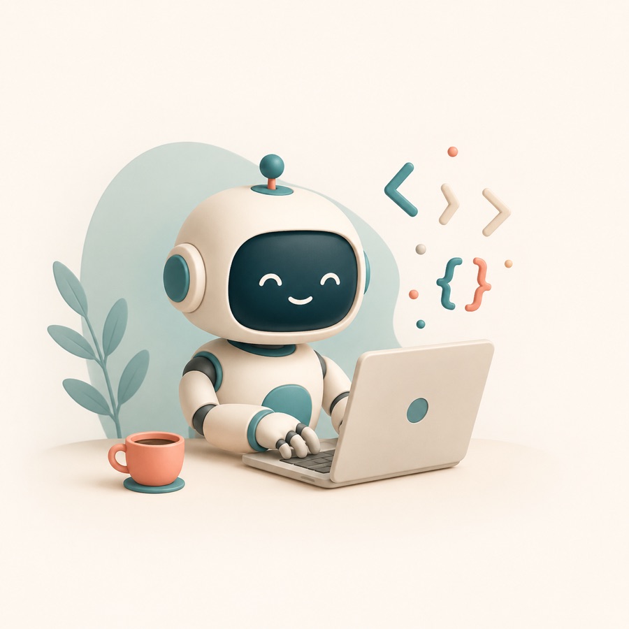 A robot typing at a tiny laptop with code shapes floating