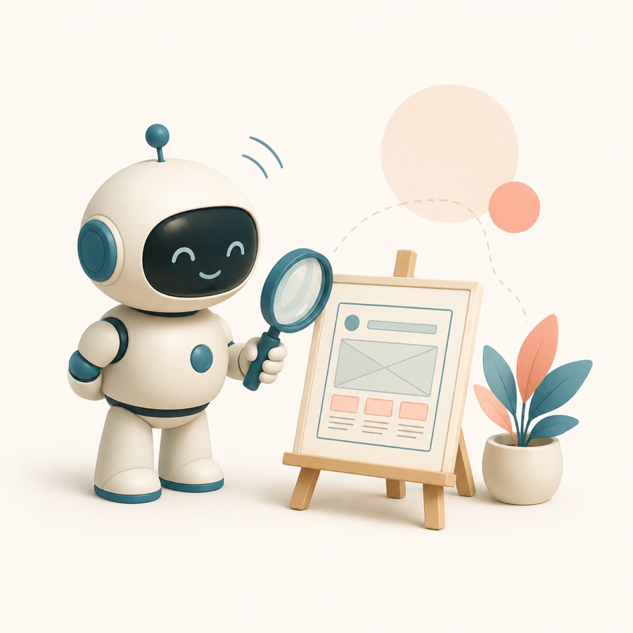 A robot inspecting a framed wireframe page with a magnifying glass