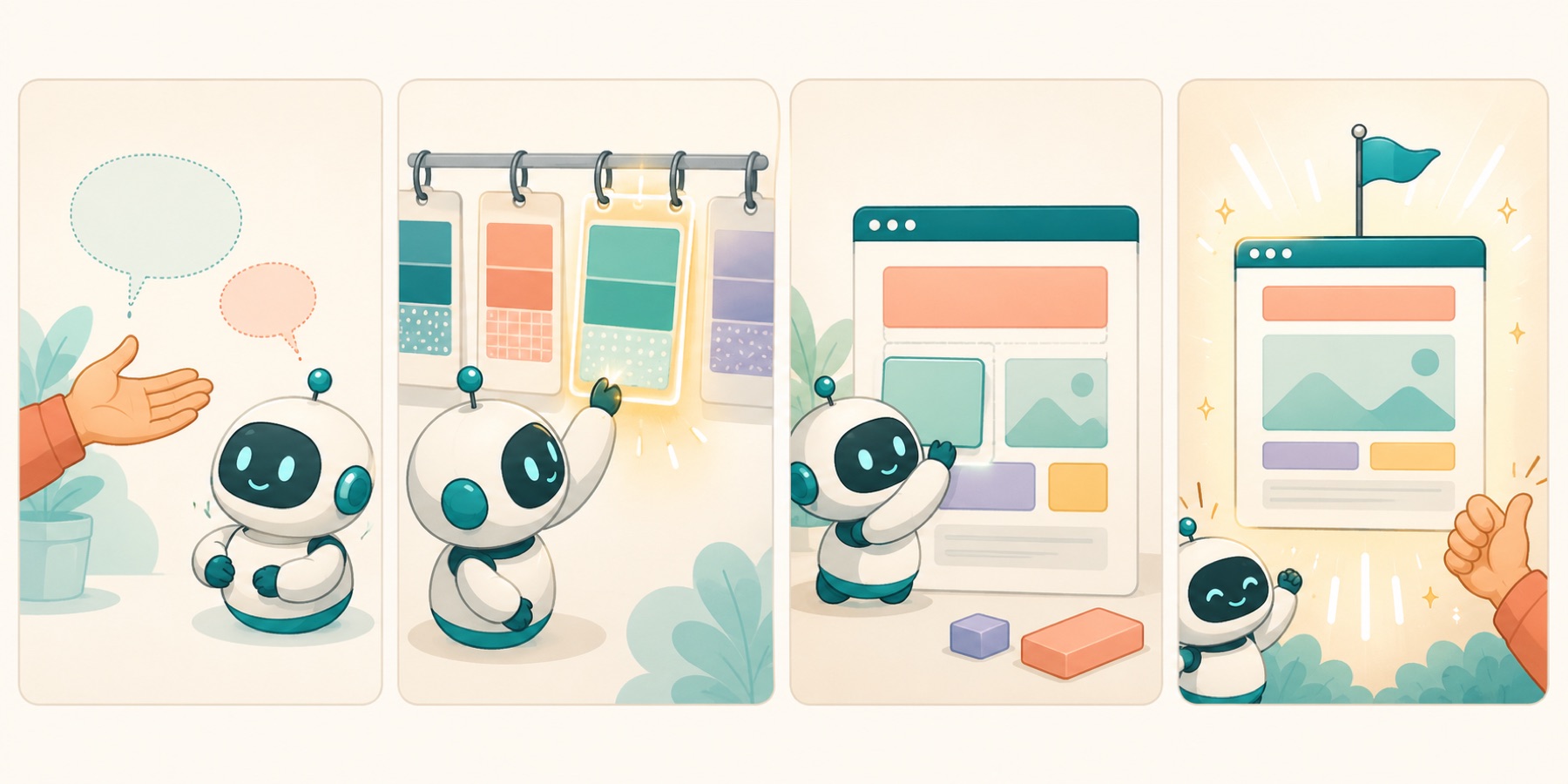 Four-panel comic: you describe the site, the robot picks a style, builds the page, and the site rises with a flag