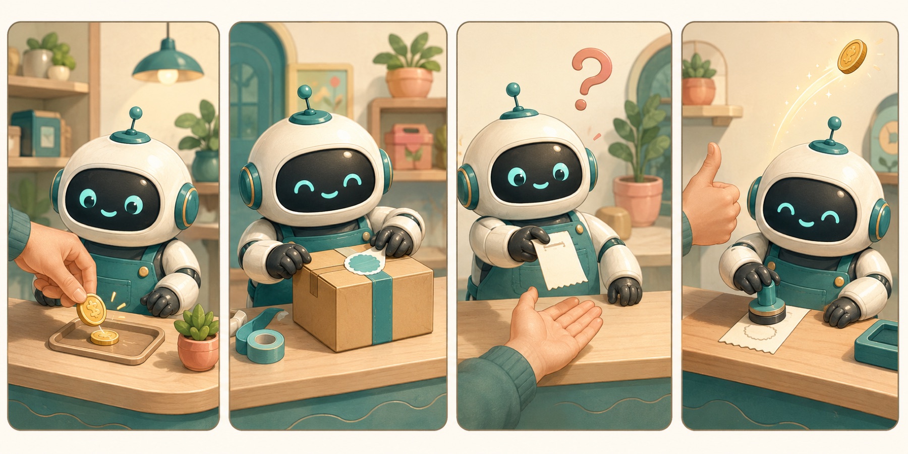 Four-panel comic: a coin lands on the counter, the robot packs a box, shows a receipt, and stamps it after a thumbs up